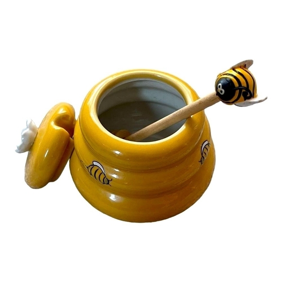 Mini Honey Pot Ceramic Jar & Wood Dipper Honey Miel Joie MSC Beehive with Bee - Picture 4 of 6